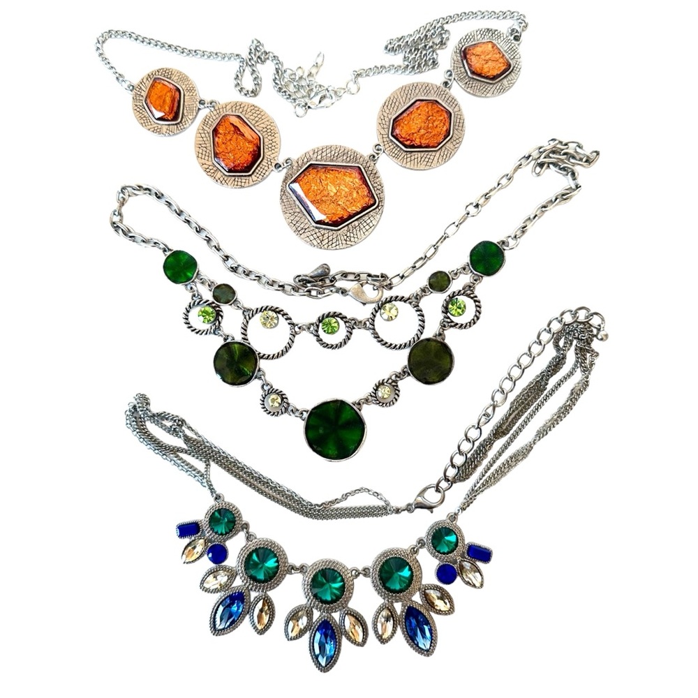 3 Silver Toned Necklaces 1 Blue and Green 1 Orange and 1 Green Unbranded